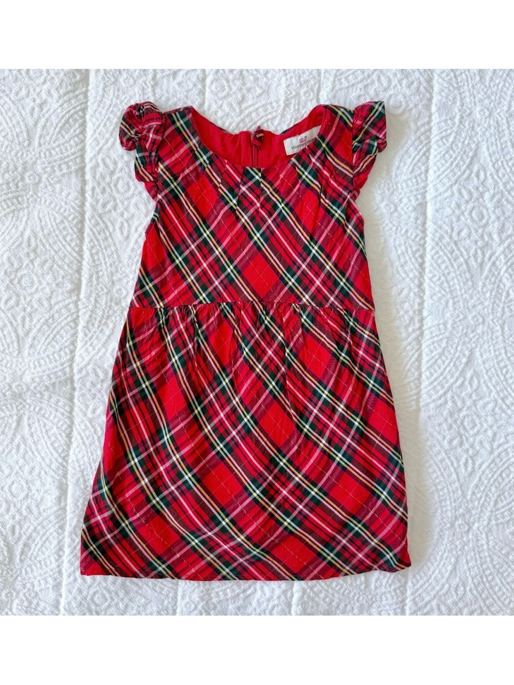 Vineyard Vines Girls' Red Plaid Holiday Dress with Cap Sleeves